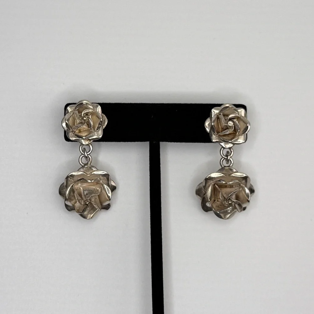 VTG Mexican Sterling Silver Rose Dangling Earrings and Pendant. - Picture 12 of 14